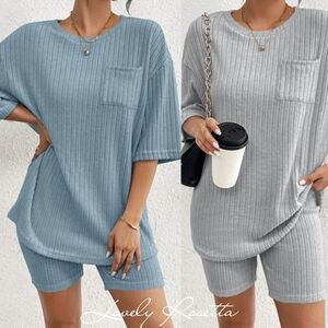 Blue Ribbed Women's Shorts Set